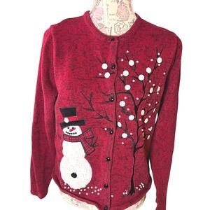 VINTAGE Womens Small Red Snowman Tree Button Cardigan Christmas Sweater